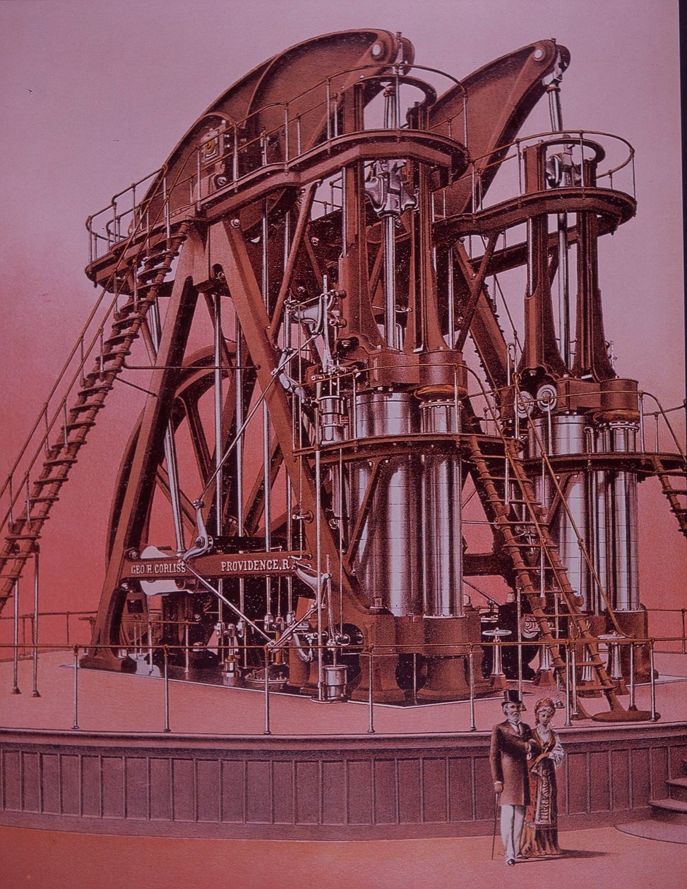 Grande máquina a vapor Corliss na Exposição da Filadélfia de American School