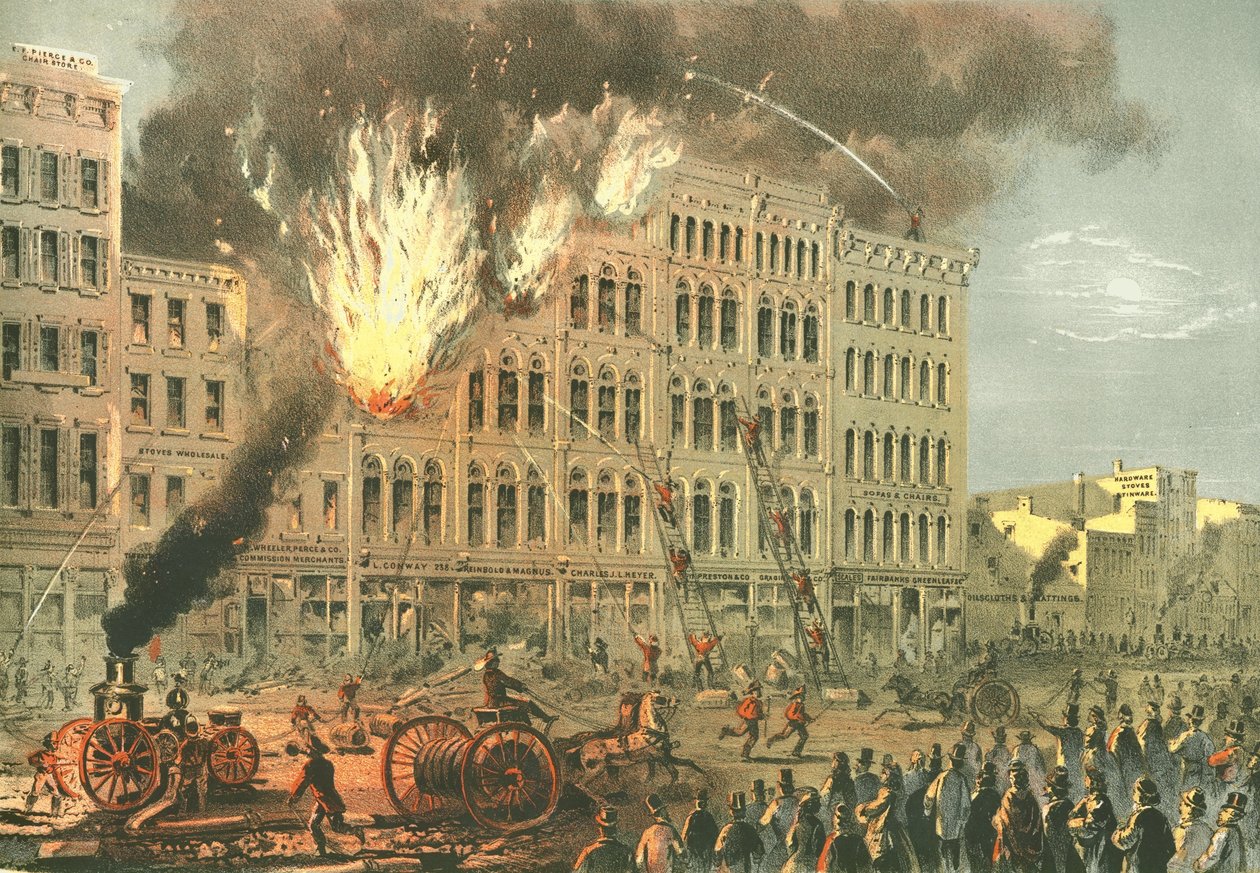 Great Fire na Lake Street, da Chicago Illustrated, com descrições literárias de James W. Sheahan, publicadas por Jevne & Almini, Chicago, 1866-67. de American School