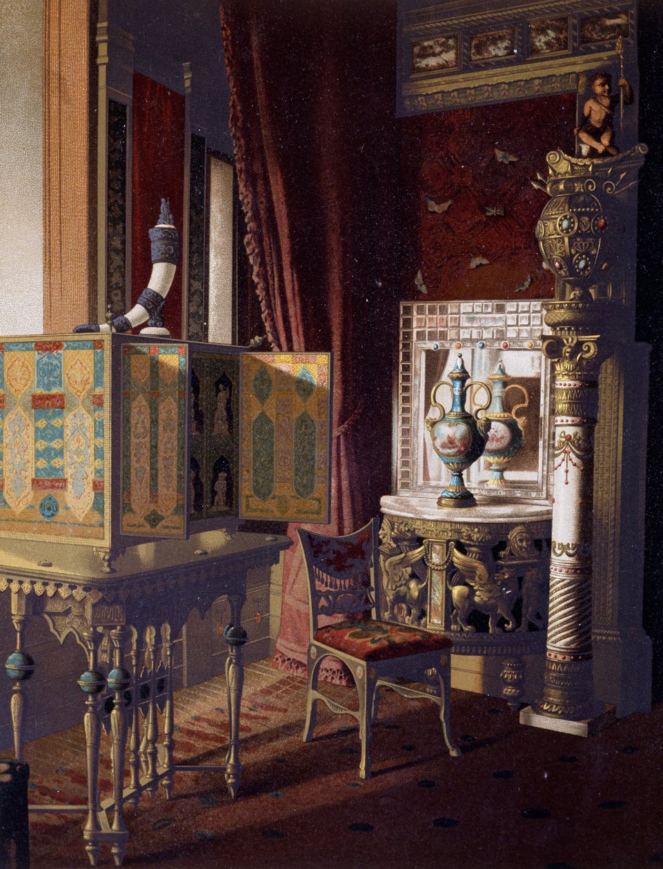 Great Hall, Hotel Van der Bilt em Nova Iorque, Quarto, Ca 1840, Gravação a cores de American School
