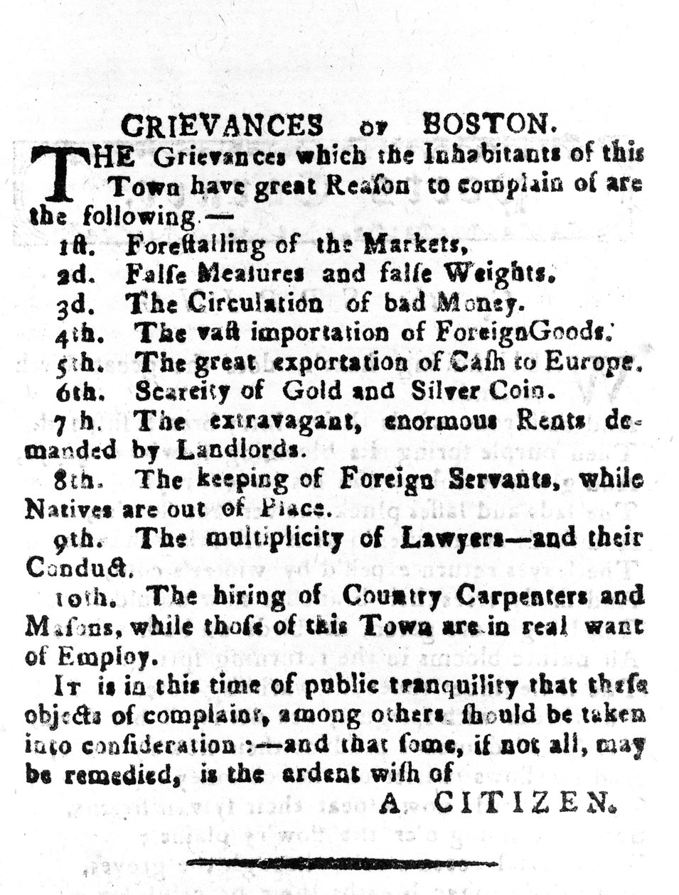 Reclamações de Boston, carta publicada no Boston Gazette, 4 de abril de 1786 (impressão) de American School