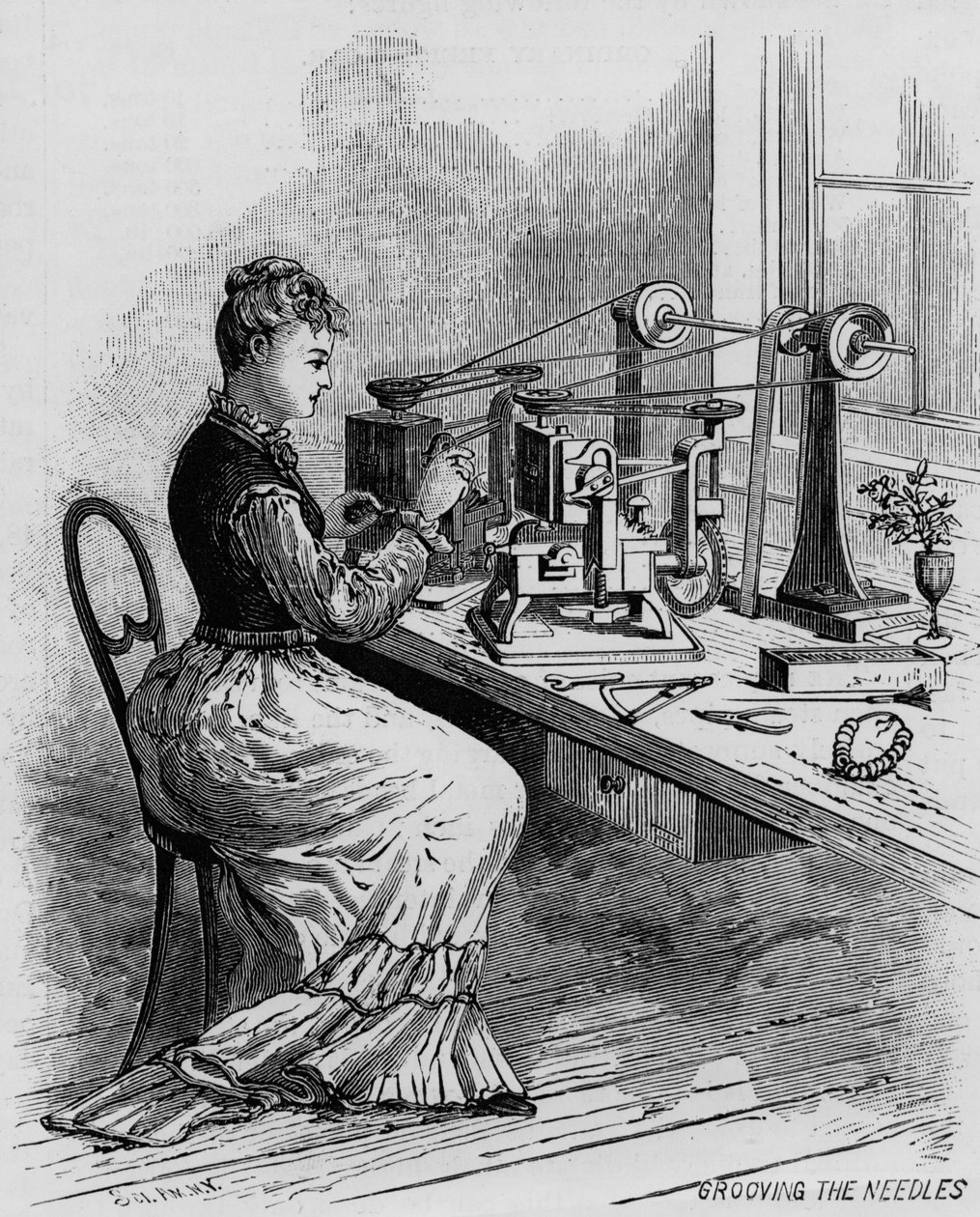 Grooving the Needles, ilustração mostrando a fabricação de máquinas de costura da revista Scientific American, 1879 de American School
