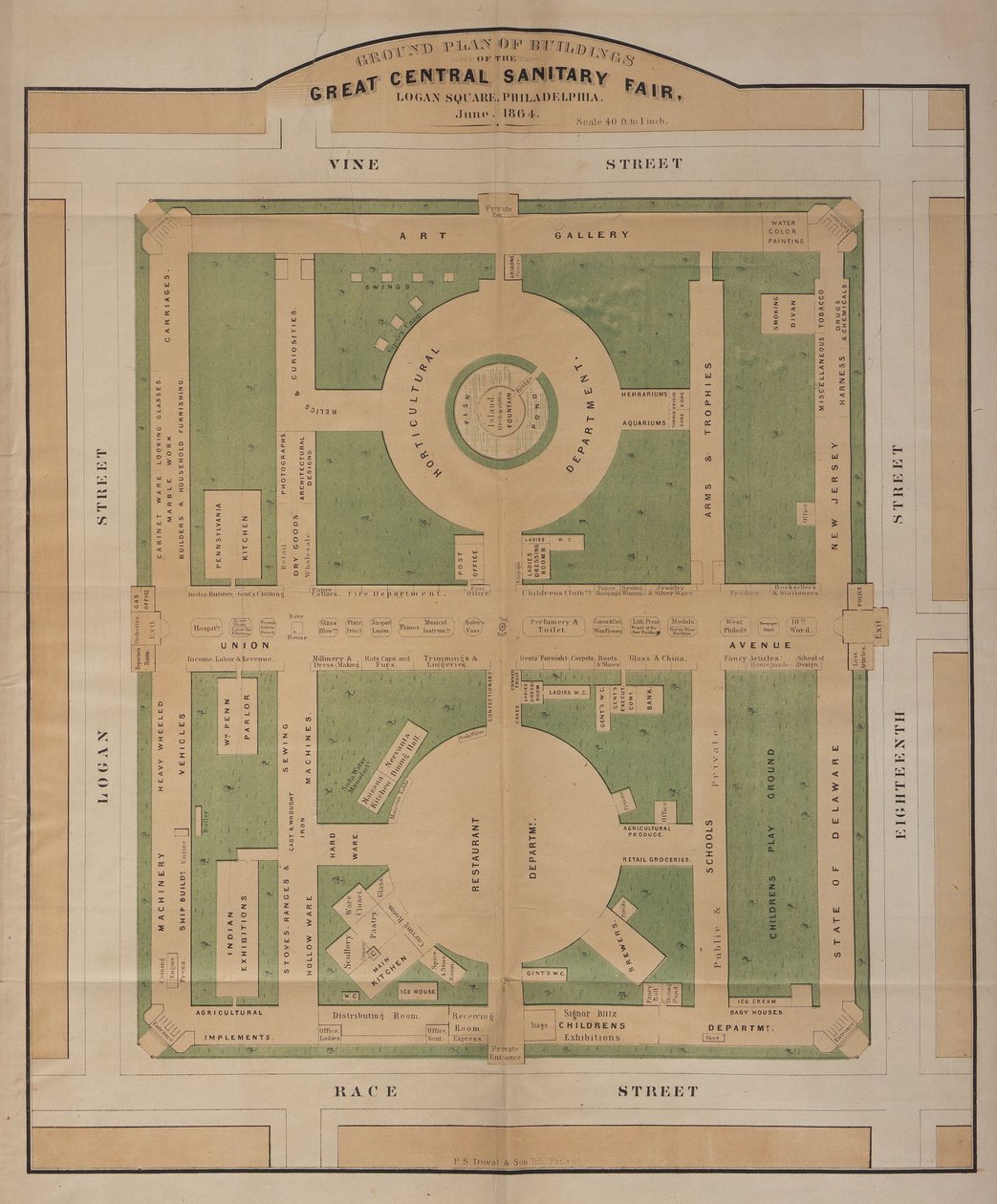 Planta baixa dos edifícios da Grande Feira Sanitária Central, Logan Square, junho de 1864 (litografia a cores) de American School