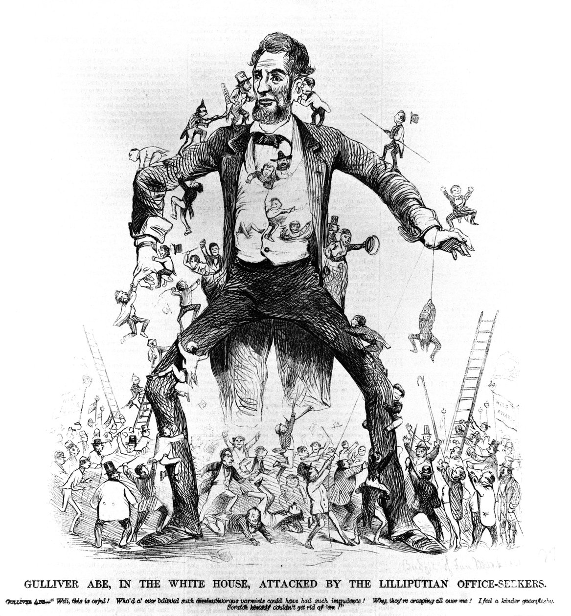 Gulliver Abe, na Casa Branca, atacado pelos Lippiputian Office-Seekers, de Frank Leslies Budget of Fun, 15 de março de 1861 de American School