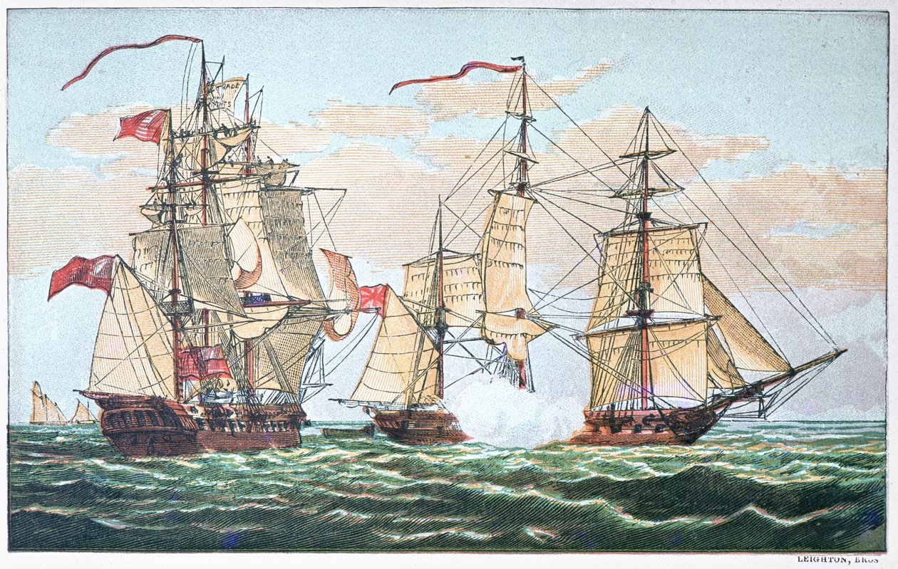 HMS Shannon vs o Chesapeake americano em 1813 durante a Guerra de 1812 (cor litho) de American School