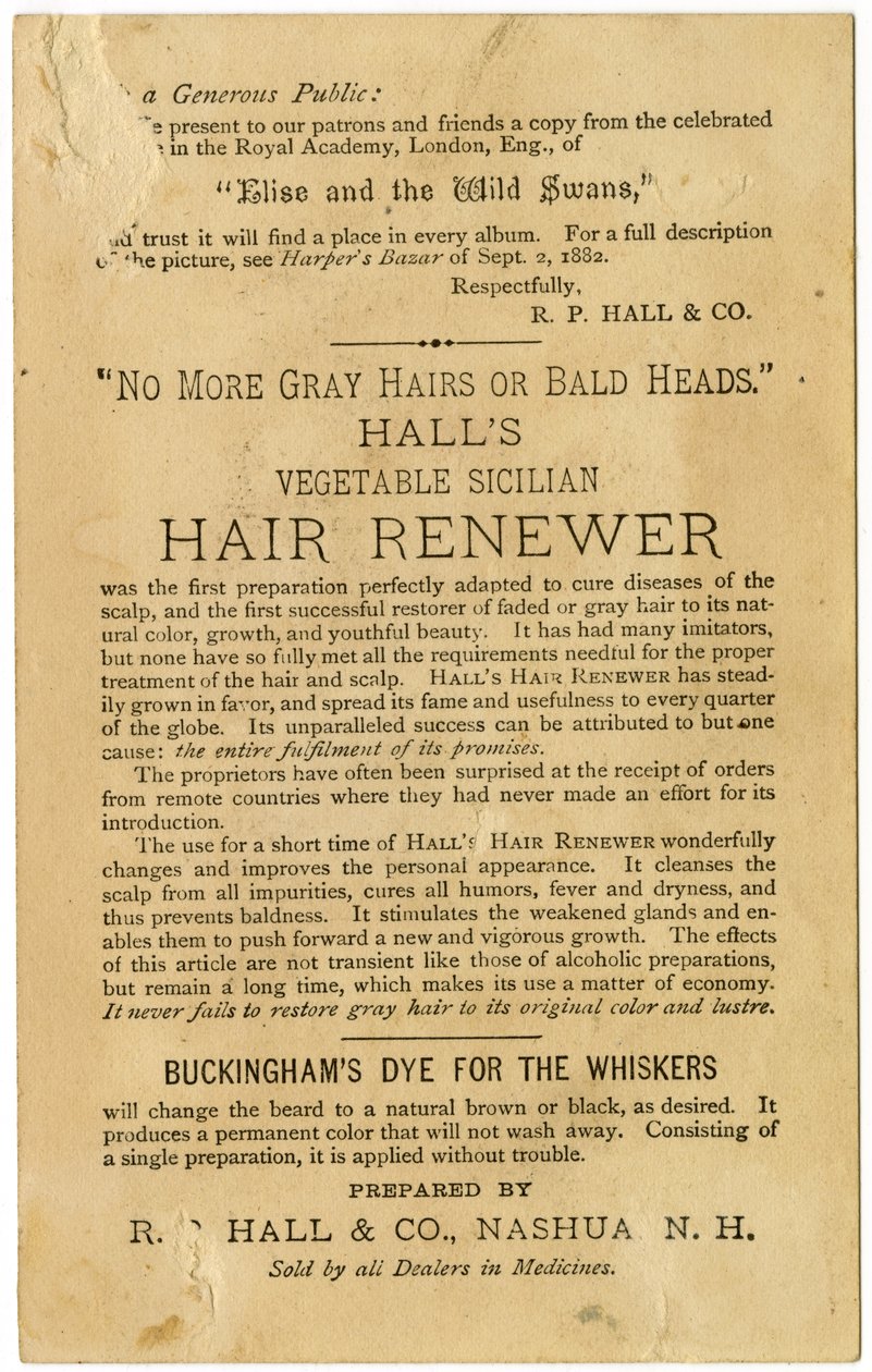 Halls Vegetable Sicilian Hair Renewer, restaura o cabelo grisalho à sua cor original e previne a calvície. Verso, (litografia [cartão comercial]) de American School