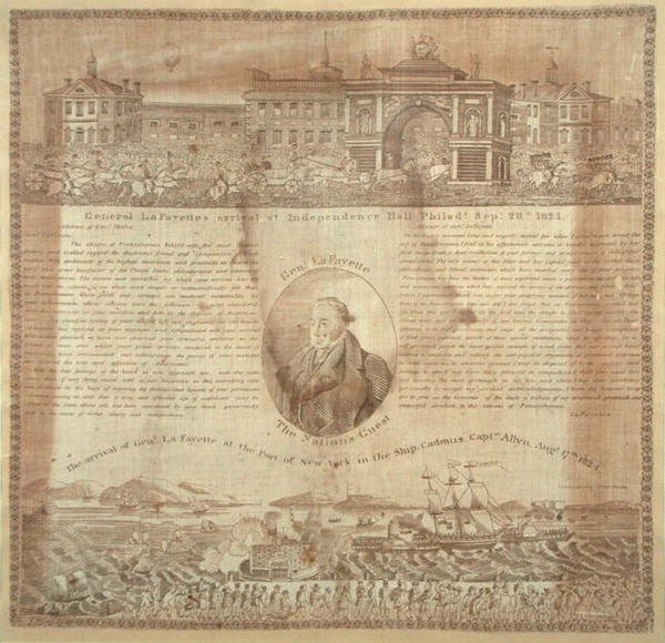 Lenço comemorativo da chegada do General Lafayette (1757-1834) em 1824 (algodão) de American School