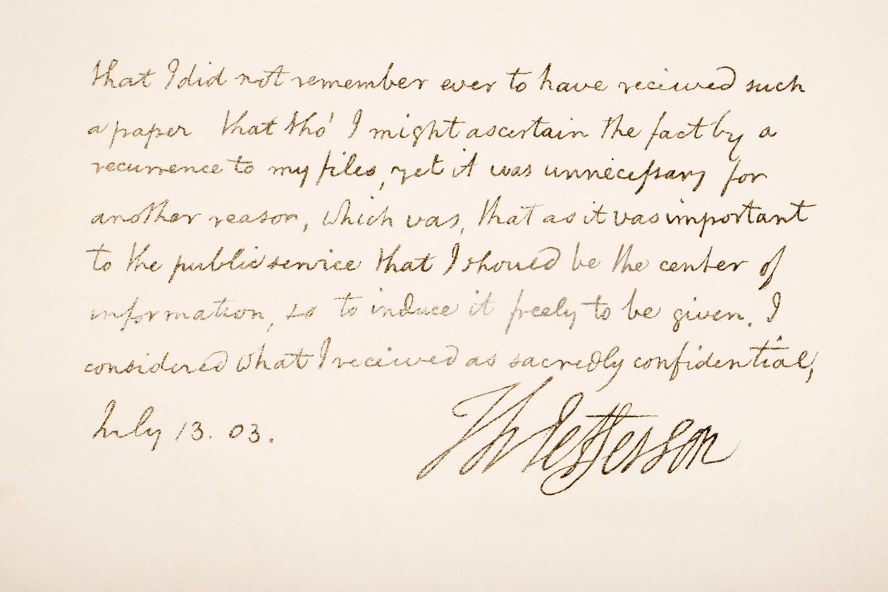 Escrita e assinatura de Thomas Jefferson, 1803 de American School