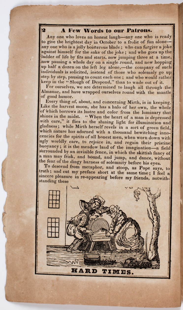 Tempos Difíceis, página 2 do The American Comic Almanac de 1838 de American School