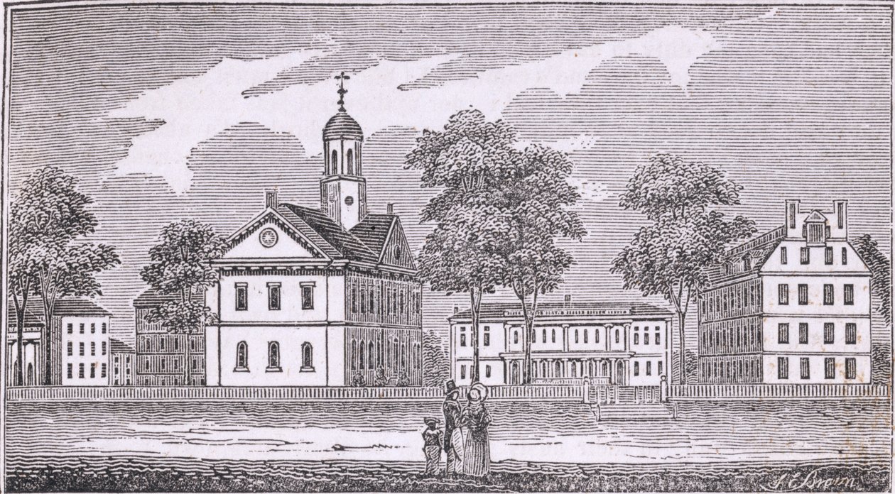 Universidade de Harvard, Cambridge, de "Historical Collections of Massachusetts", de John Warner Barber, 1839 de American School