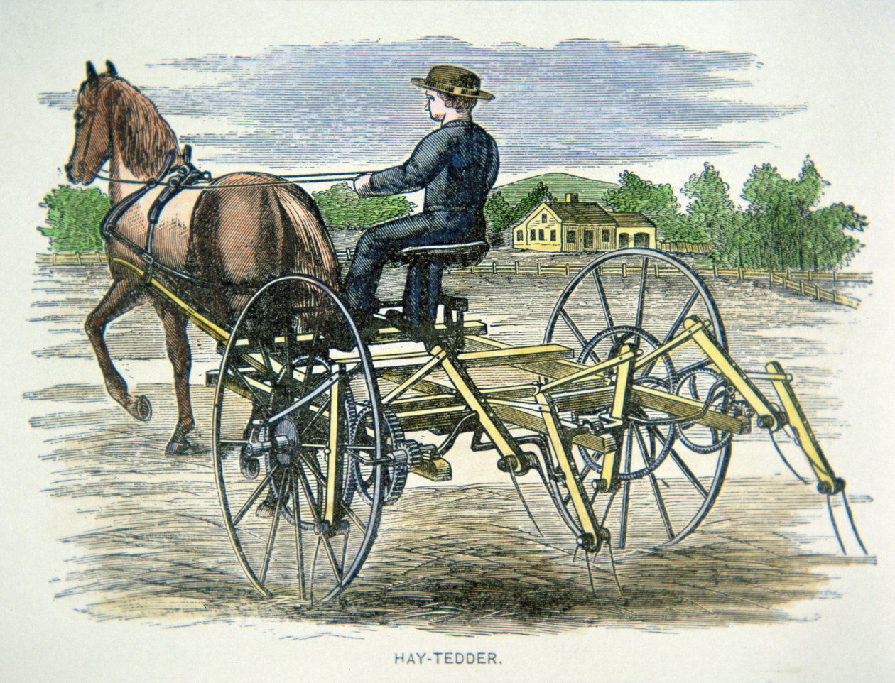 Máquina de cultivo de feno, c.1880 (gravação a cores) de American School