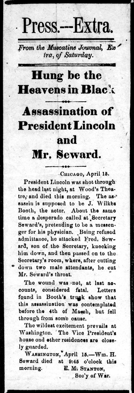 Manchete anunciando o assassinato de Abraham Lincoln (1809-65) e tentativa de assassinato de William Seward (1801-72) de Press Extra, 15 de abril de 1865 (impressão) de American School