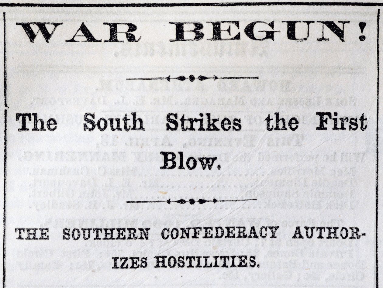 Manchete do Boston Evening Transcript anunciando o início da Guerra Civil, 13 de abril de 1861 (papel de jornal) de American School