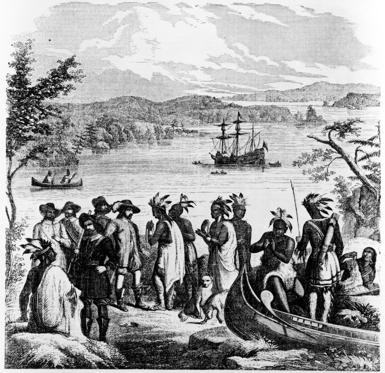 Henry Hudson Descendo o Rio Hudson, ilustração do Companheiro da Sala de Desenho Pictórica de Ballou, 12 de abril de 1856 de American School