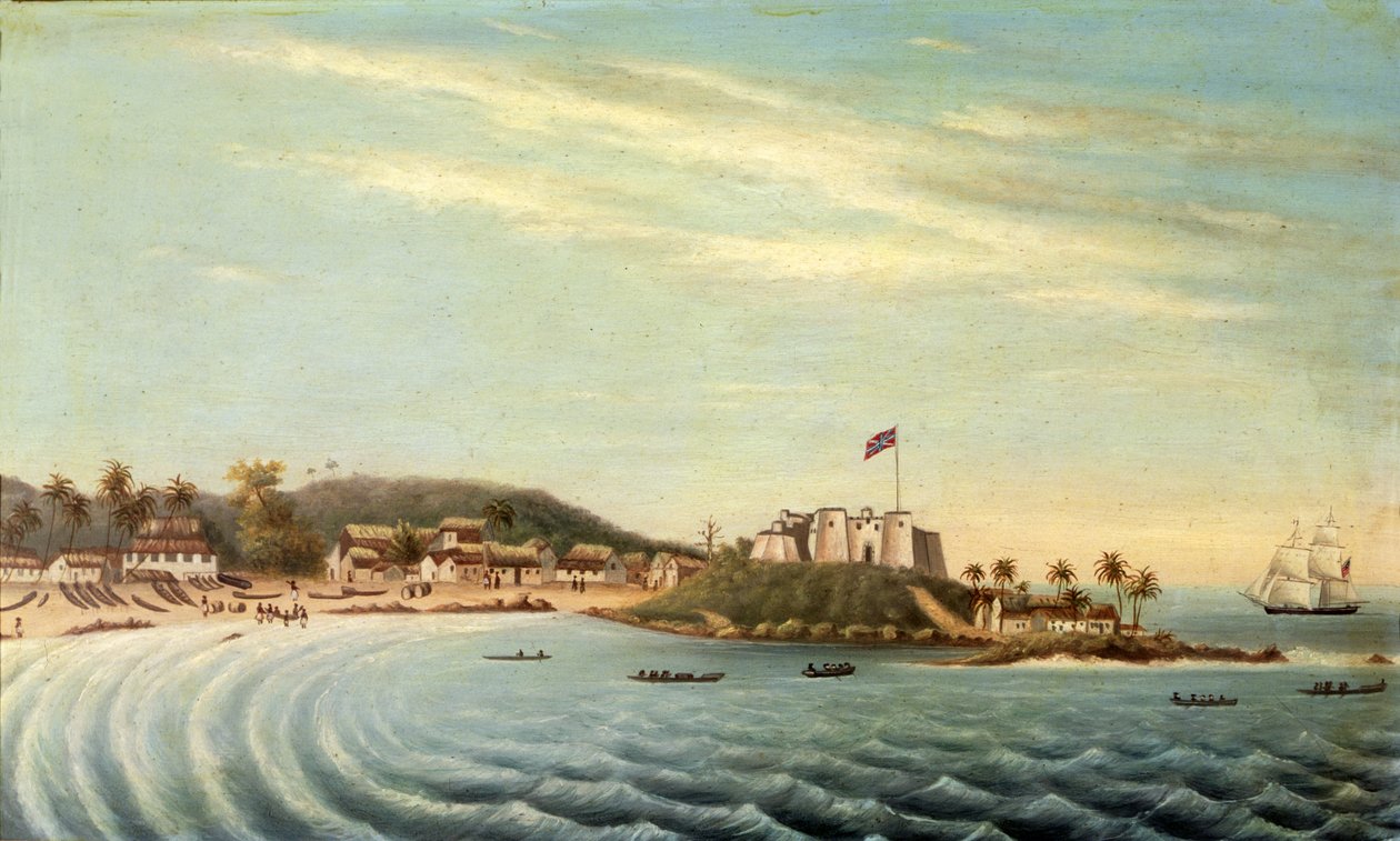 Brigadeiro "Herald" entrando em Dixcove, Costa de Ouro, África (óleo sobre tela) de American School