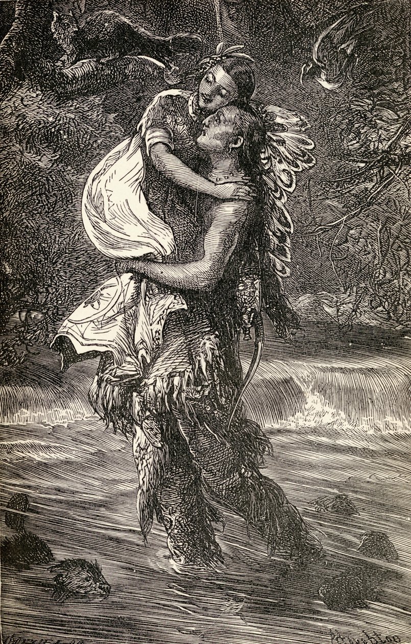 Hiawatha e Minnehaha, ilustração do poema &39;Hiawatha&39; de Henry Wadsworth Longfellow (1807-82) escrito em 1855 de American School