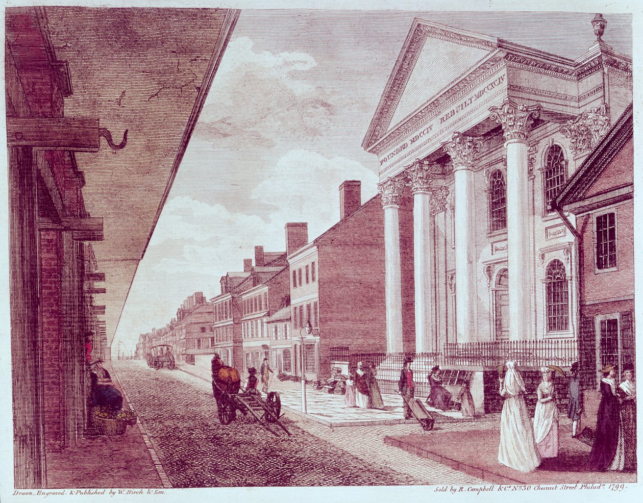 Rua principal com a primeira igreja presbiteriana, Filadélfia, 1799 de American School