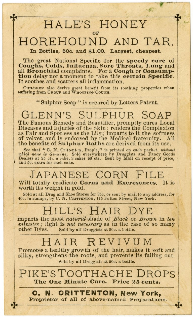 Hills Hair & Whisker Dye, Melhor Já Inventado, CN Crittenton, Proprietário, Nova Iorque, Cartão de comércio, verso (litho [trade card]) de American School