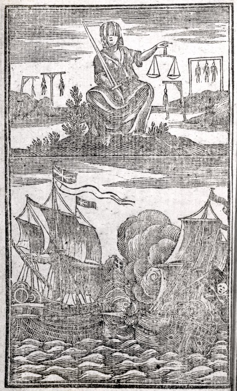 História e vida de todos os mais notórios piratas e suas tripulações, frontispício, Londres, 1725 de American School