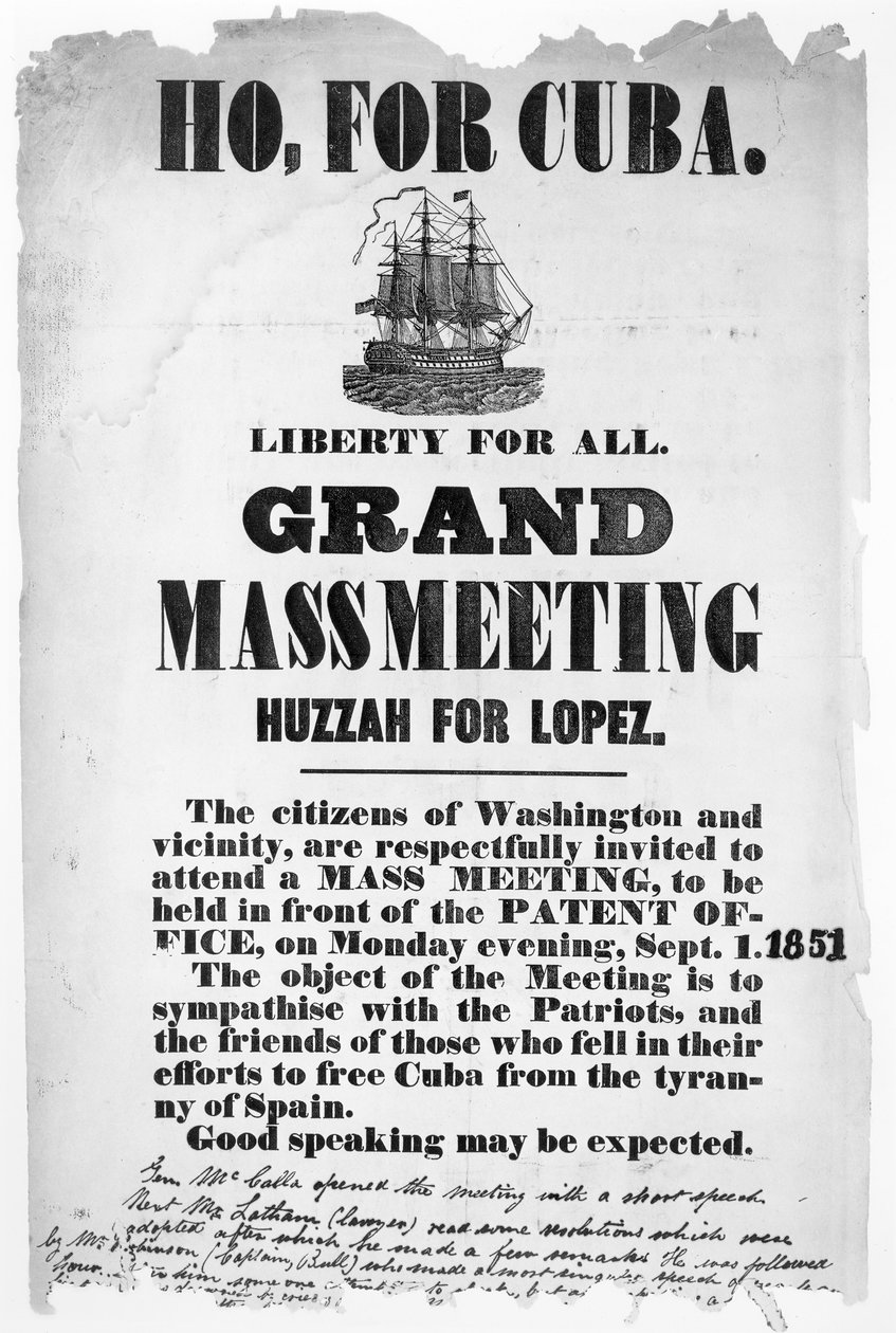Ho, para Cuba, pôster anunciando uma reunião para simpatizar com aqueles que caíram em seus esforços para libertar Cuba da tirania da Espanha, 1º de setembro de 1851 de American School