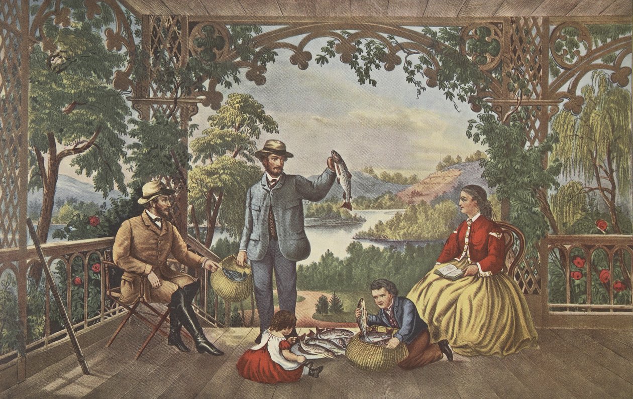 Início do Brook, The Lucky Fisherman, pub. 1867, Currier & Ives de American School