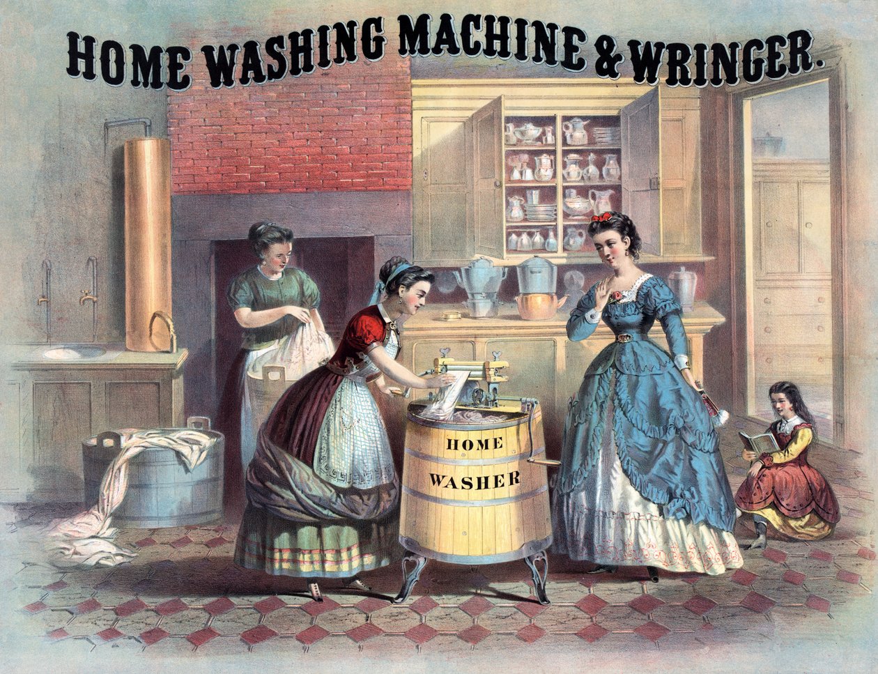 Máquina de lavar roupa e espremedor de roupas em casa, c.1869 de American School