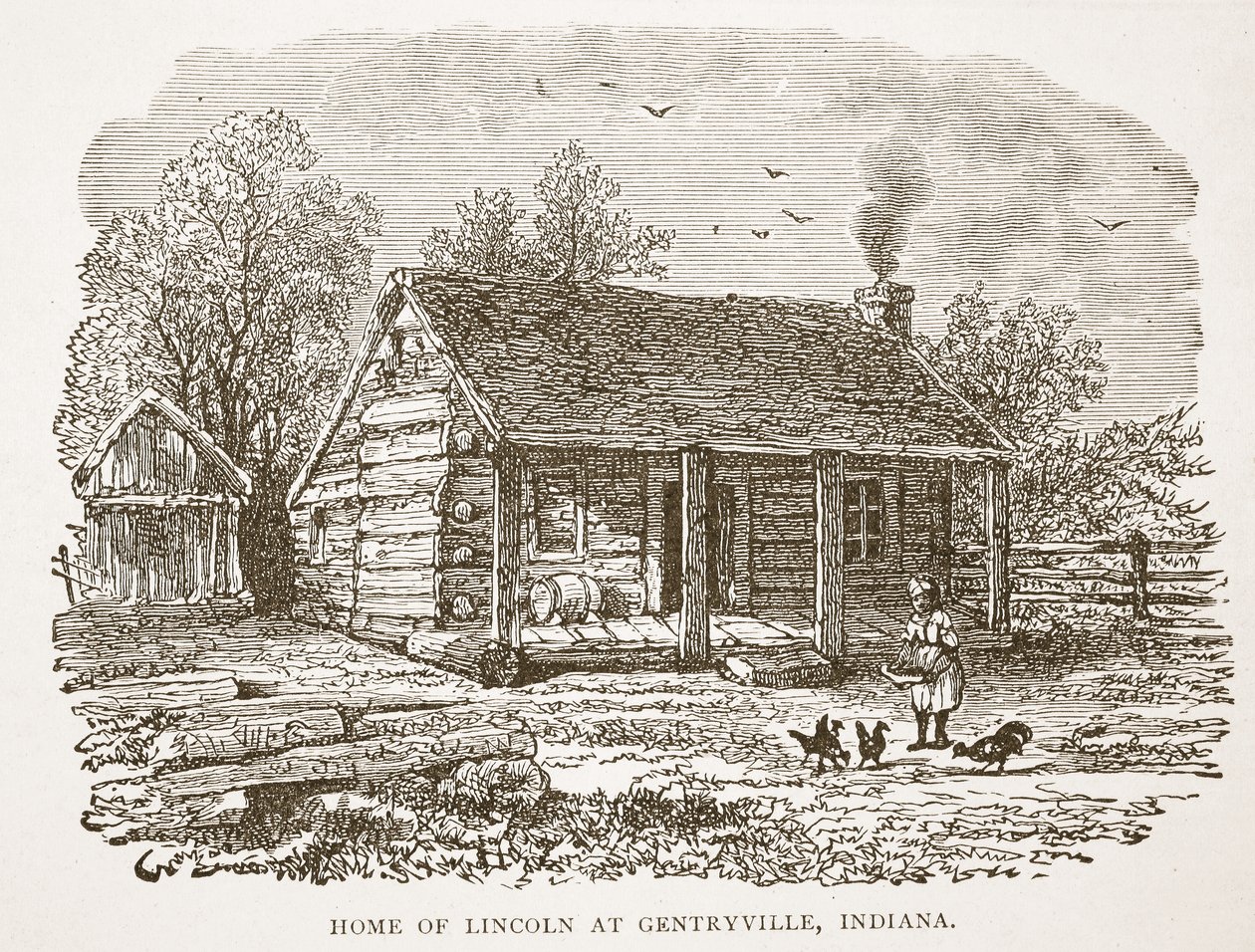 Casa de Lincoln em Gentryville, Indiana, de um pub de livros. 1896 de American School