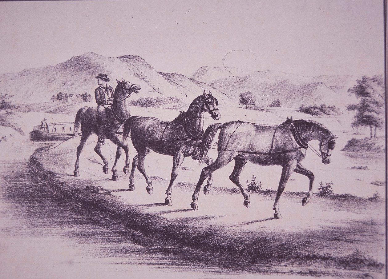 Cavalos puxando um barco no canal Erie (gravura) de American School