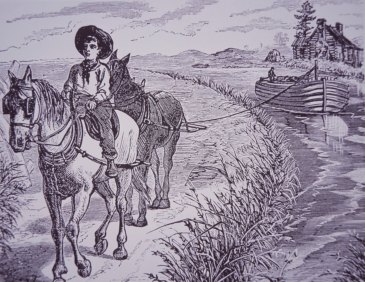 Cavalos puxando barco canal em caminho de reboque, Canal Erie (gravura) de American School
