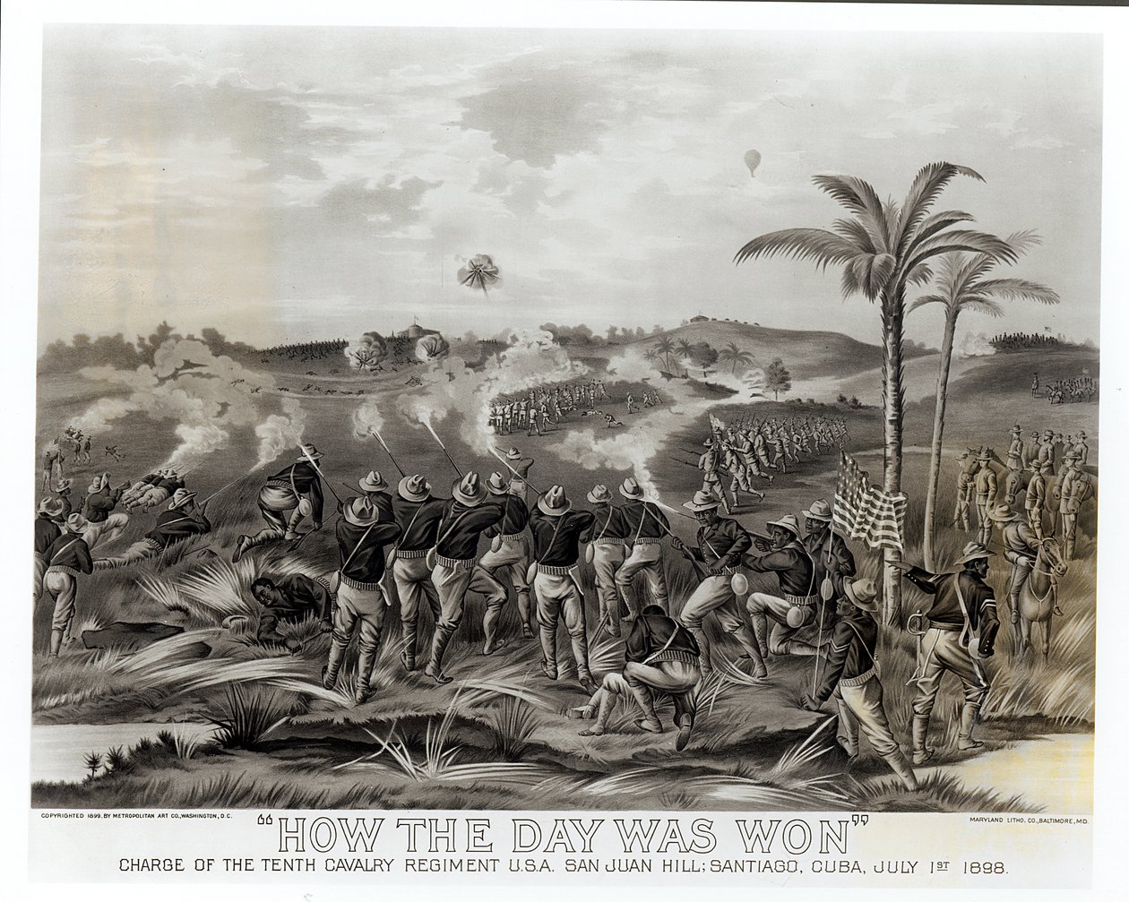 &39;Como o dia foi ganhado&39;, carga do décimo regimento de cavalaria no monte de San Juan, Santiago, Cuba, 1º de julho de 1898, bar. 1899 de American School