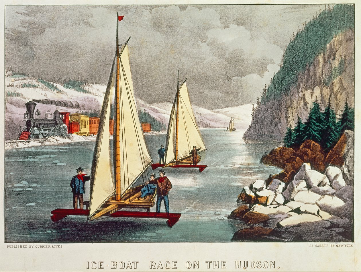 Corrida de barcos no gelo no Hudson de American School