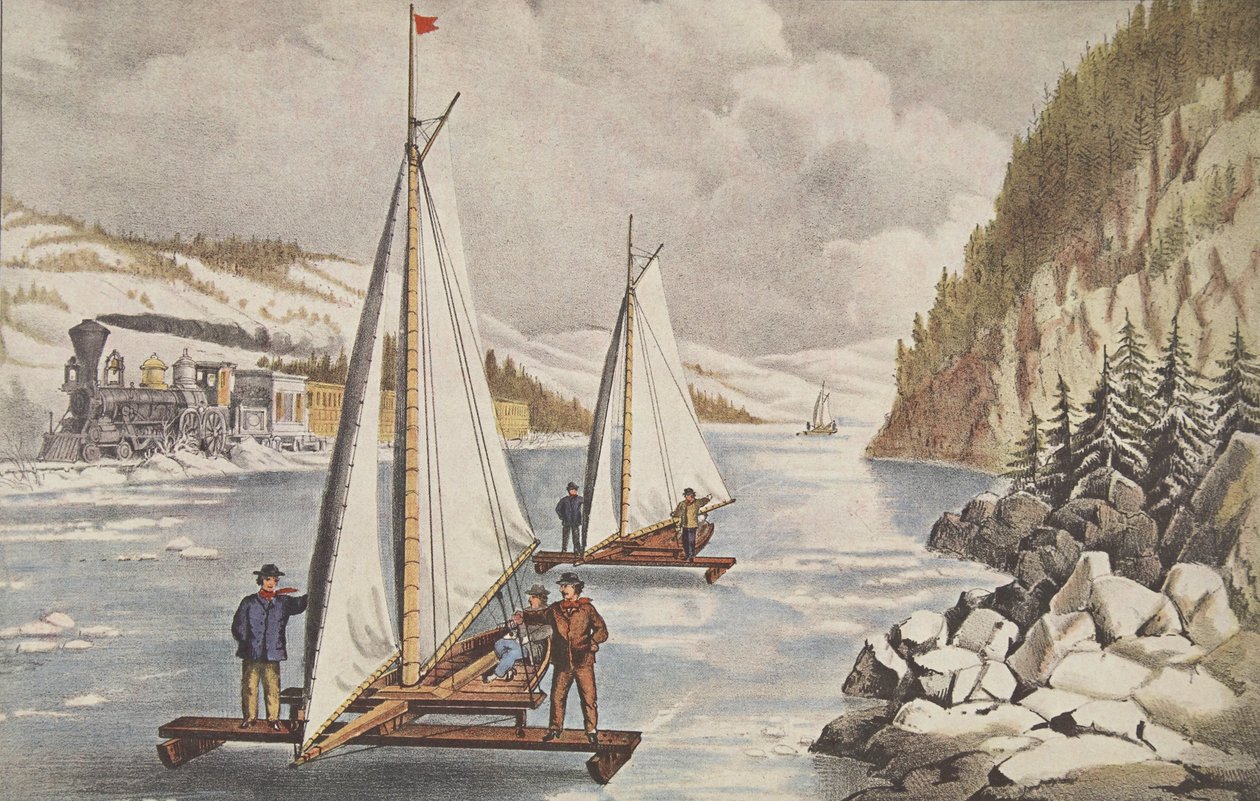 Corrida de Ice-Boat no Hudson, pub. C. 1855, Currier & Ives de American School