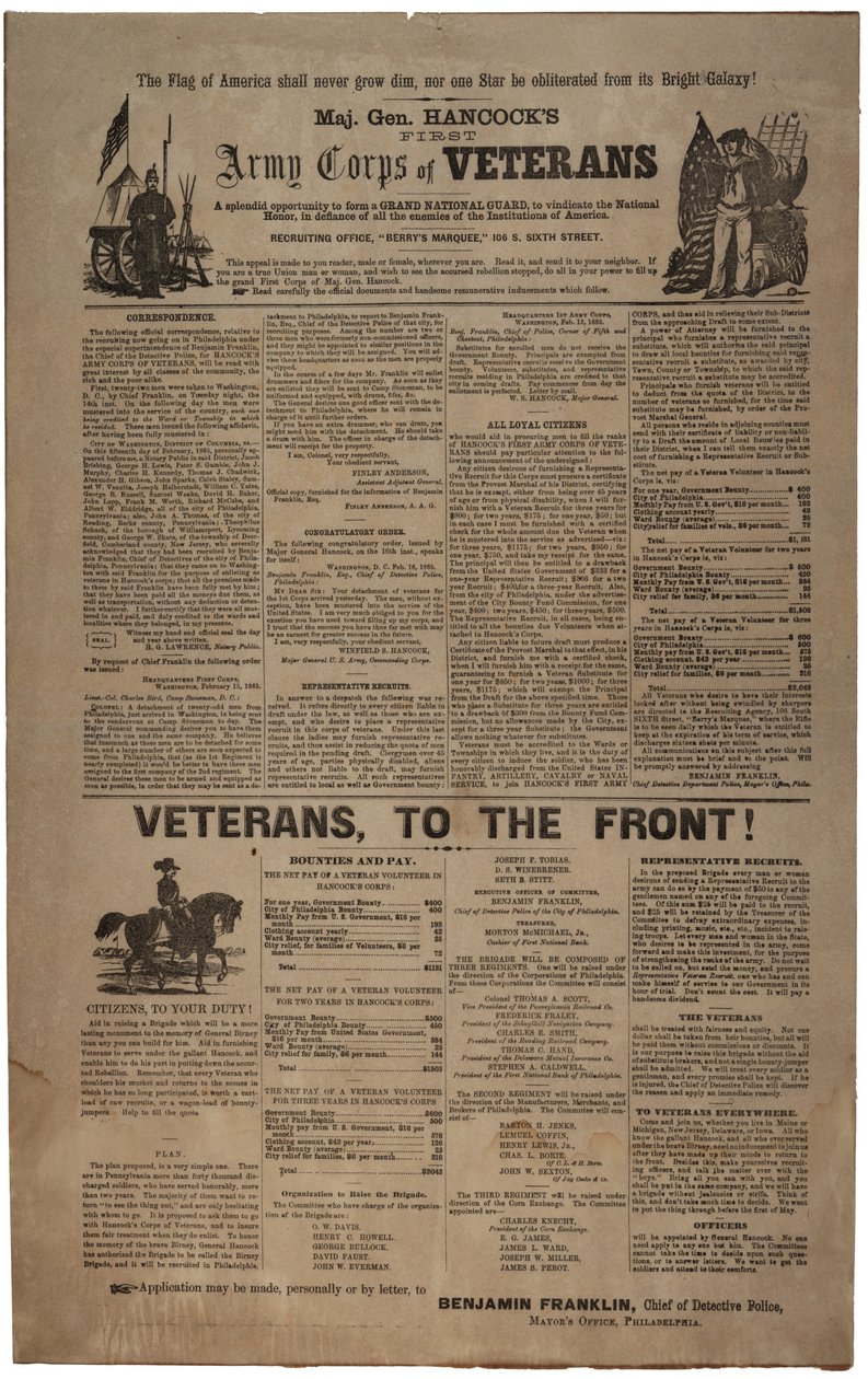 Cartaz ilustrado de recrutamento da Filadélfia para o Major General Hancocks Primeiro Corpo de Veteranos do Exército incluindo o homem e a mulher da União., Fevereiro de 1865 de American School