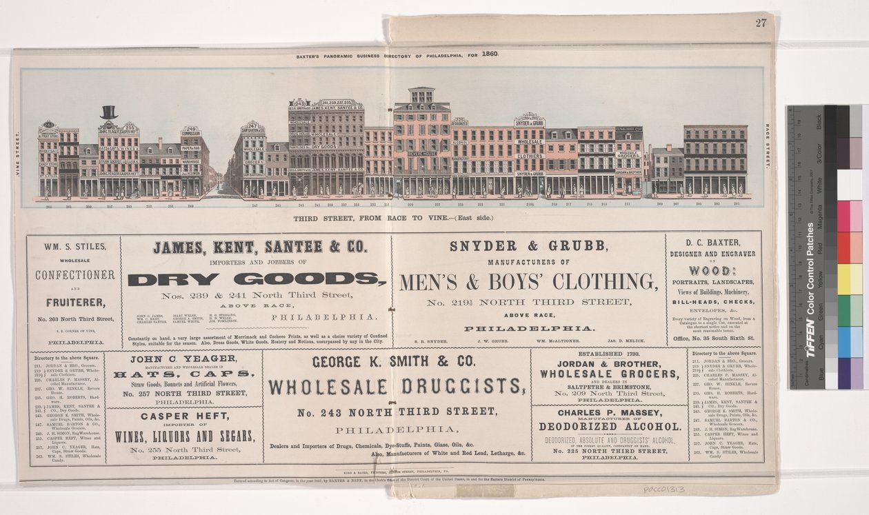 Ilustração da Baxters Panoramic Business Directory da Filadélfia, 1860 de American School