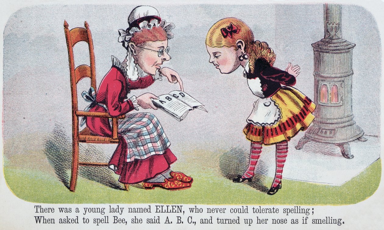 Ilustração de Ellen, uma rima em Nonsense for Girls, um panfleto publicado por McLoughlin Brothers, Nova York, 1874 de American School
