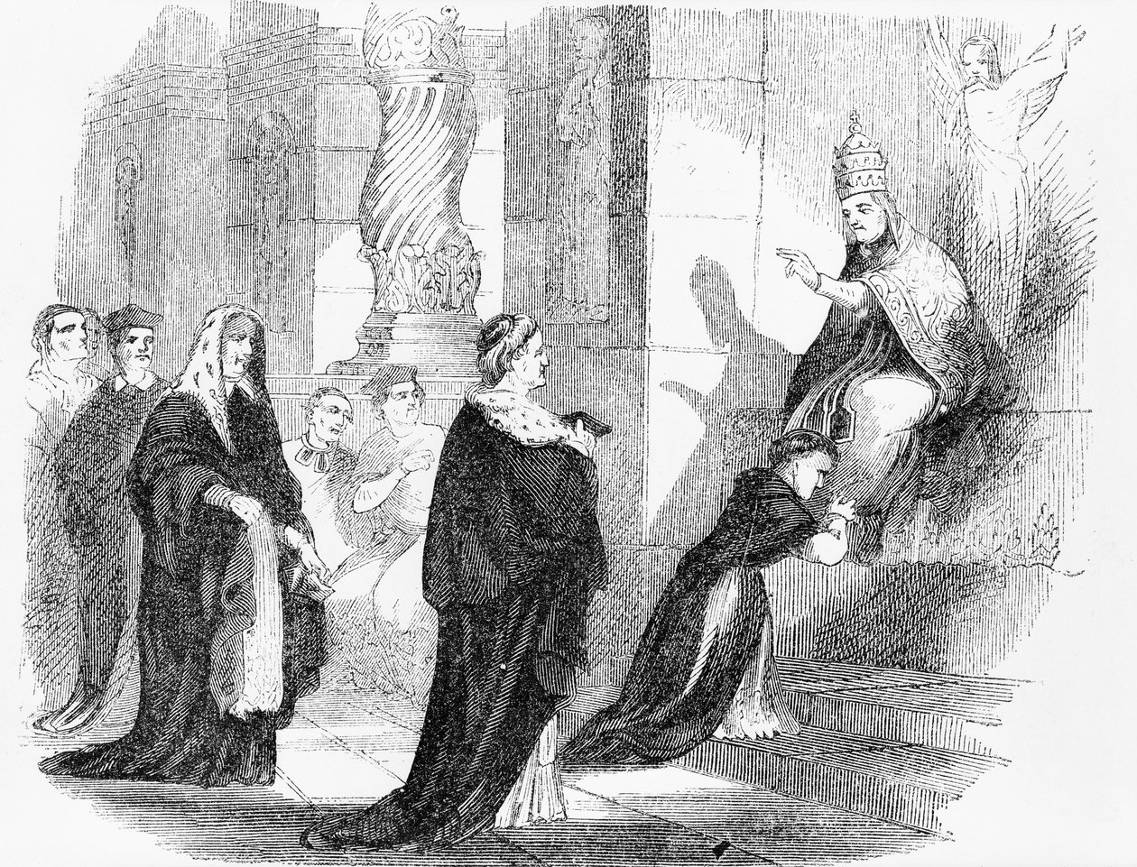 Ilustração de um panfleto anti-católico mostrando um padre beijando as vestes do Papa de American School
