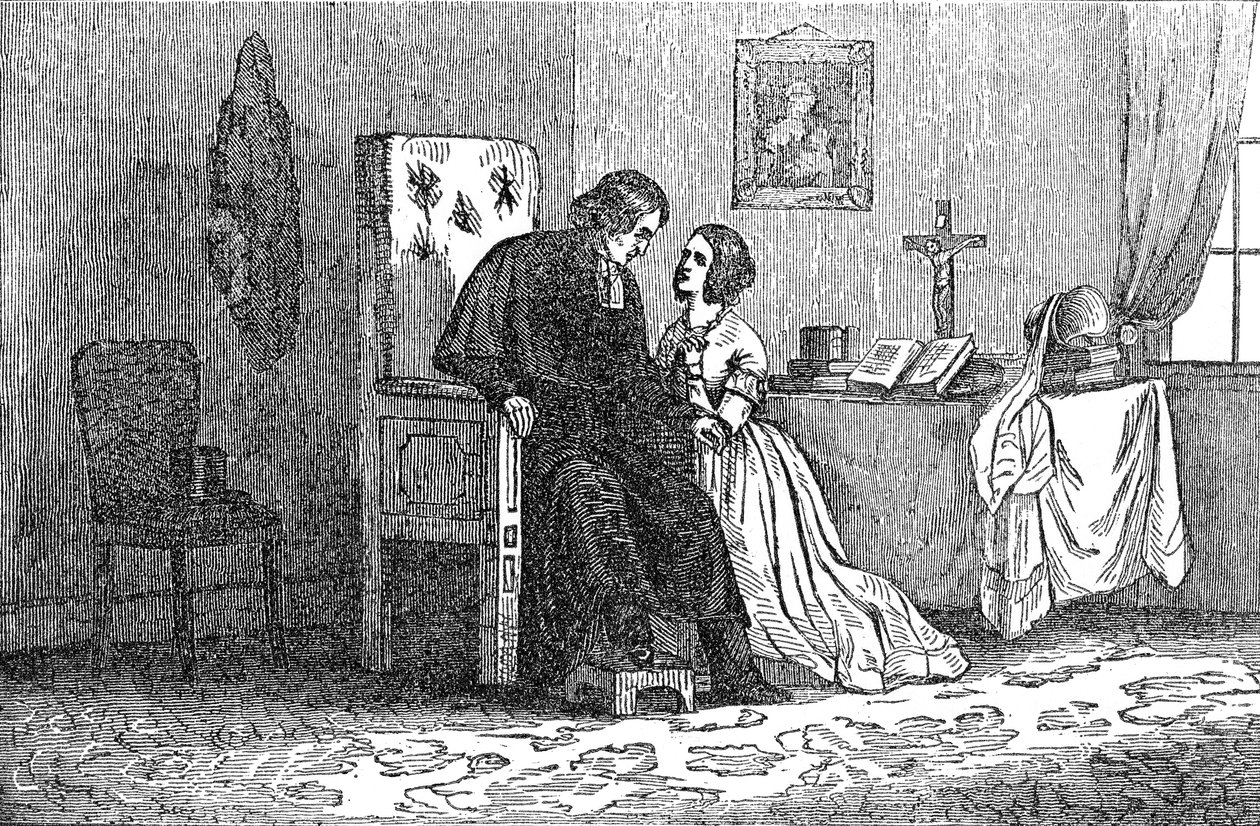 Ilustração de um panfleto anti-católico mostrando uma jovem sendo seduzida por um padre de American School