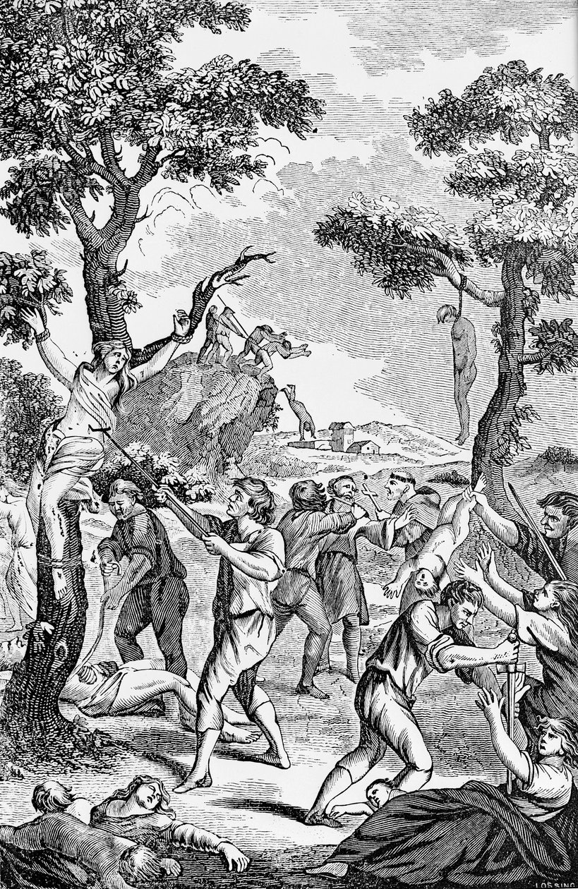 Ilustração de um panfleto anticatólico mostrando mulheres e crianças sendo assassinadas de American School