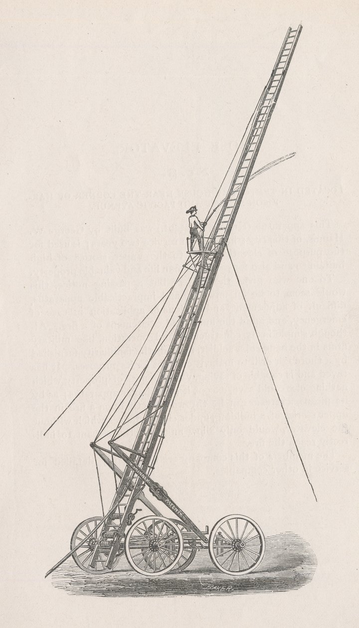 Ilustração do Elevador de Mangueiras e do Caminhão nº. 1. do Relatório do Conselho de Polícia, no Corpo de Bombeiros, ao Conselho Comum da Cidade de Chicago, pág. 70, 1872 (gravura em madeira) de American School