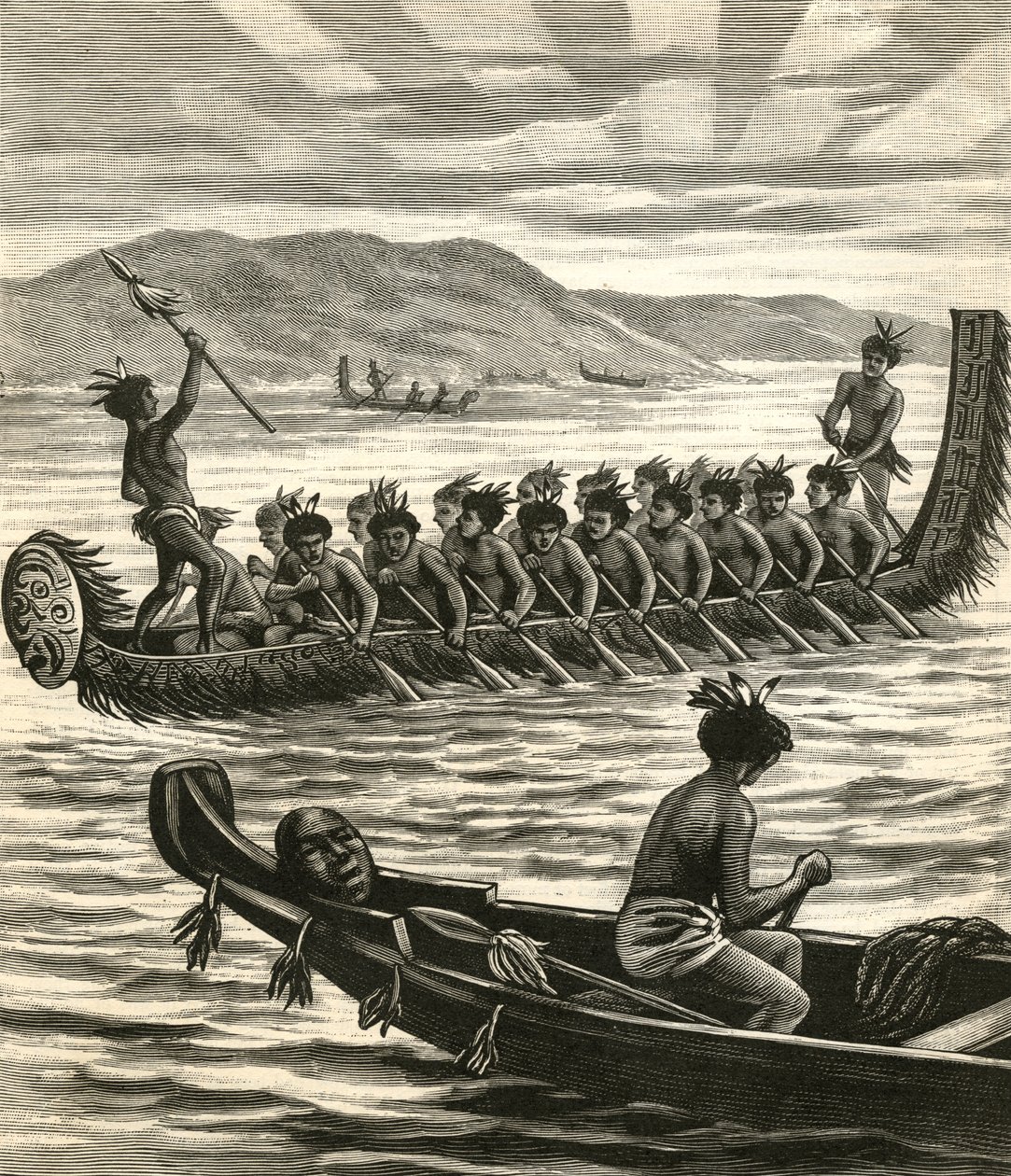 Ilustração de guerreiros Maori em canoas de American School