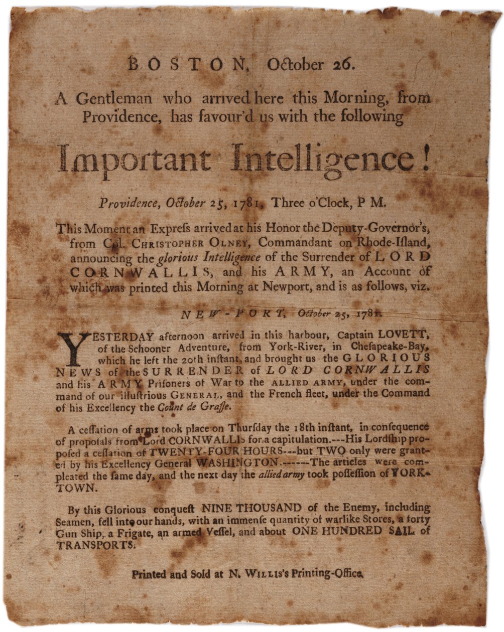 Inteligência Importante! (anunciando a rendição de Cornwallis em Yorktown), pequeno cartaz impresso por M. Willis, Boston, 26 de outubro de 1781 de American School