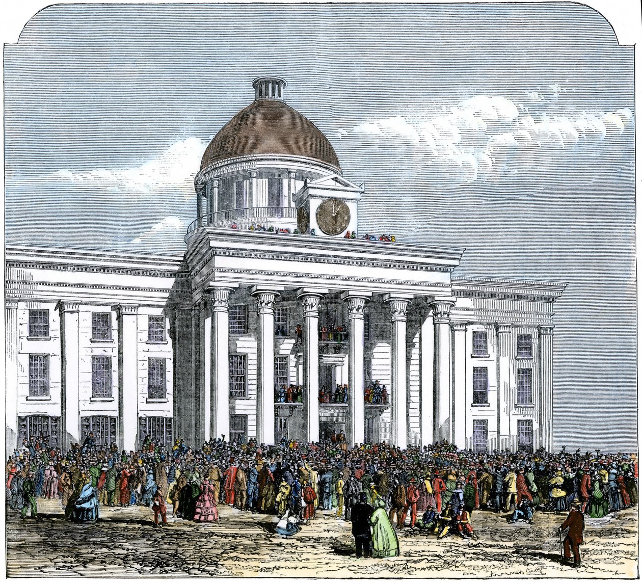 Tomada de posse do Presidente Jefferson Davis como Hwas do Estado Confederado da América, Câmara Municipal de Montgomery, Alabama de American School