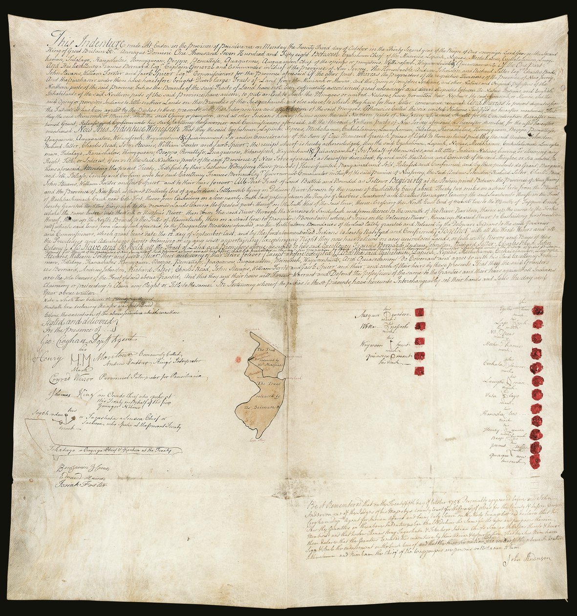 Tratado com os índios, Conferência de Easton, Pensilvânia, 23 de outubro de 1758 (caneta e tinta com cera sobre pergaminho) de American School