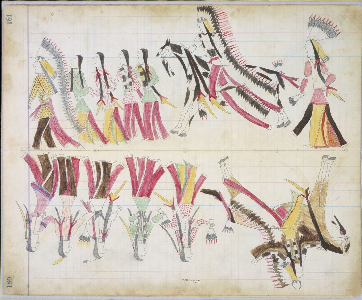 Dança indiana, ilustração do livro Black Horse Ledger, 1877-79 (lápis e giz de cera sobre papel) de American School