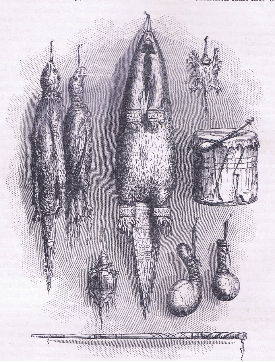 Saco de medecina indiano, apito misterioso, batalhas e tambor 1661, ilustração de Cassell