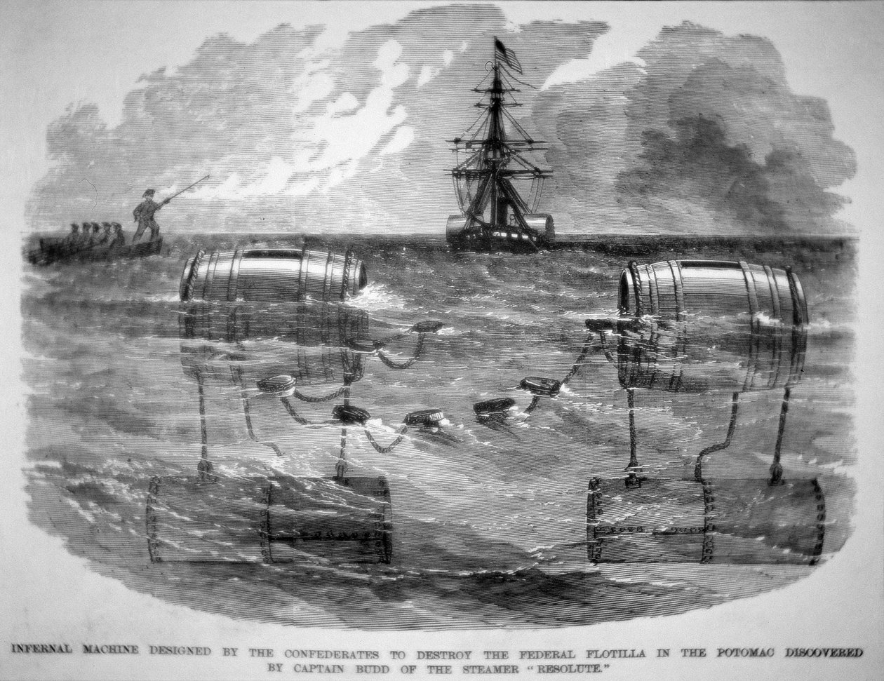 Máquina Infernal projetada pelos Confederados para destruir a Flotilha Federal no Potomac (gravura) de American School
