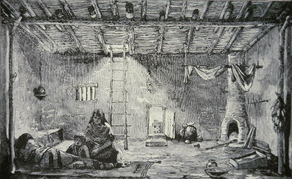 Interior de uma casa pueblo, c.1880 (gravura) de American School
