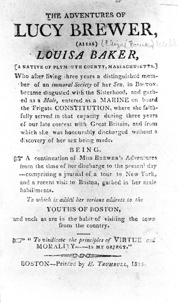 Página de introdução de As Aventuras de Lucy Brewer, impressa por H. Trumbull, Boston, 1815 de American School