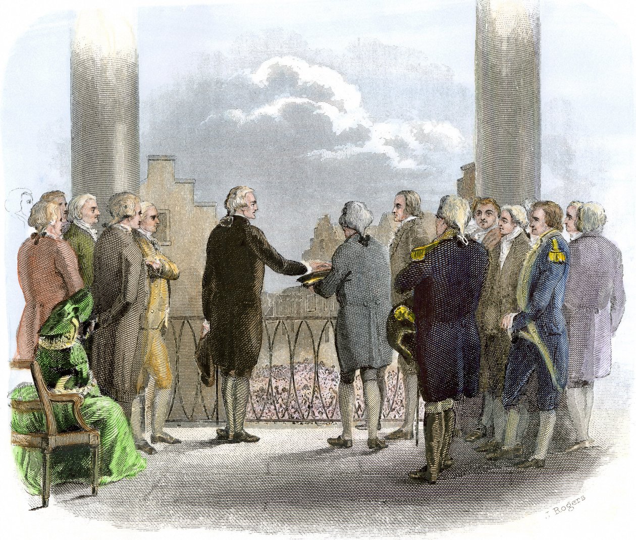 Investidura de George Washington (1732-1799) (gravura a cores) de American School