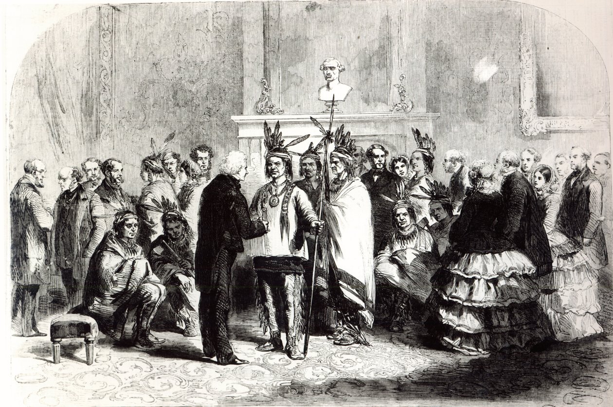 James Buchanan, Presidente dos Estados Unidos, induzindo as tribos hostis dos Pawnees e as Poncas a apertar as mãos, 1858 de American School
