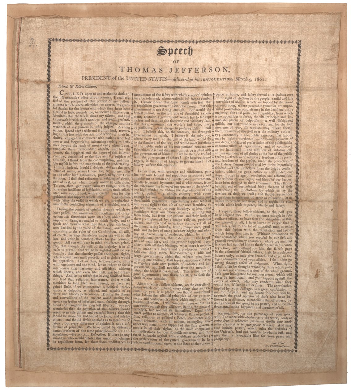 Jeffersons primeiro discurso inaugural, impresso por Pechin, Baltimore, 4 de março de 1801 (lito em seda) de American School